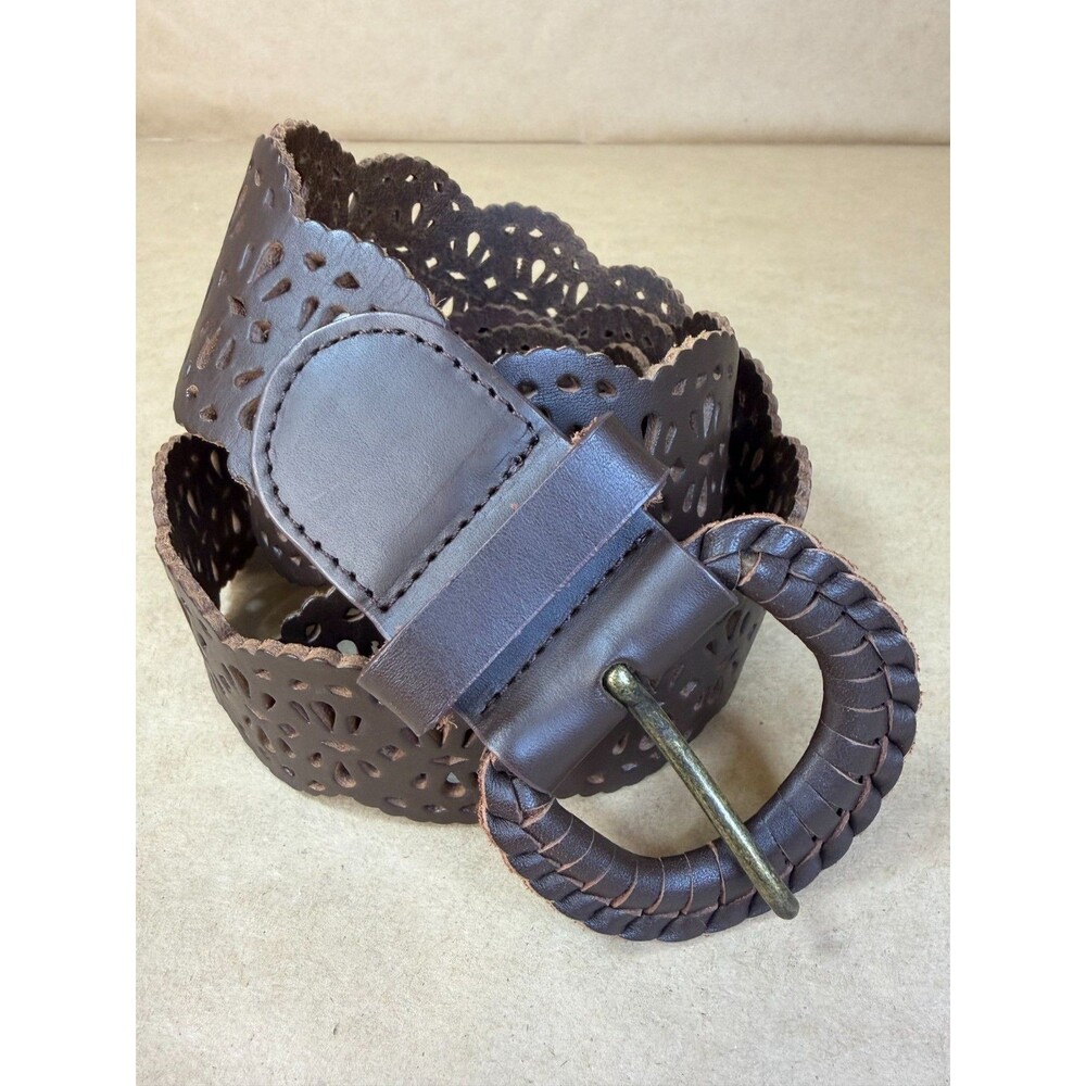 J. Jill Leaf Punch Design Wide Brown Leather Belt Hip or Waist Hippie Boho Sz M